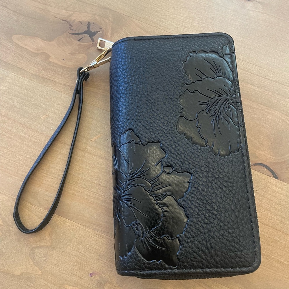 Black Floral Embossed Wristlet Wallet